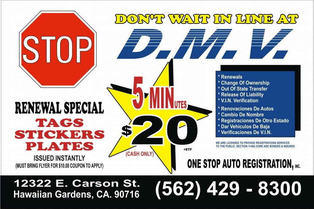 ONE STOP AUTO REGISTRATION Hawaiian Gardens CA 90716 5624298300